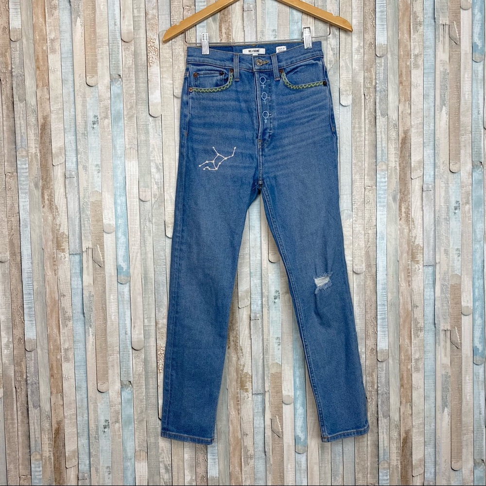 Re/Done 25 Original 90s Ultra High Rise Waist Ankle Crop Skinny Jean Embroidered
